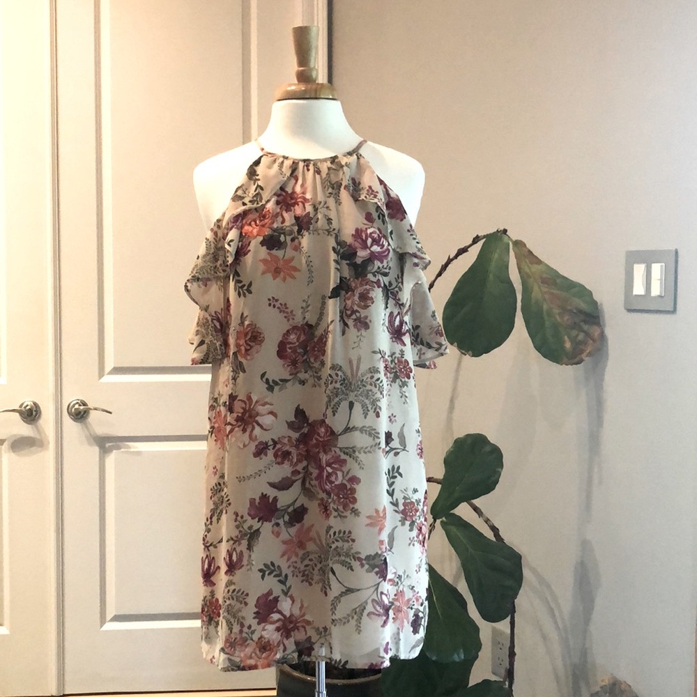 As U Wish Floral Cold Shoulder Sheer Layered Dress